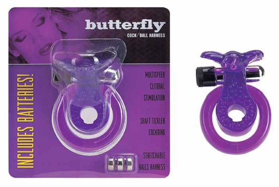Кольцо эрекционное Бабочка фиолетовая, с вибрацией и подхватом мошонки